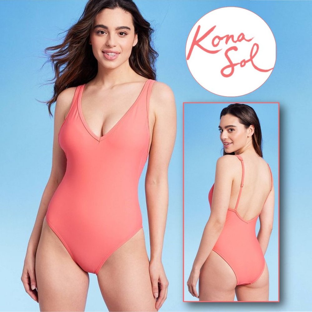 KONA SOL™ Peach Orange V-Neck High Leg One Piece Swimsuit  🍑  NEW!!!